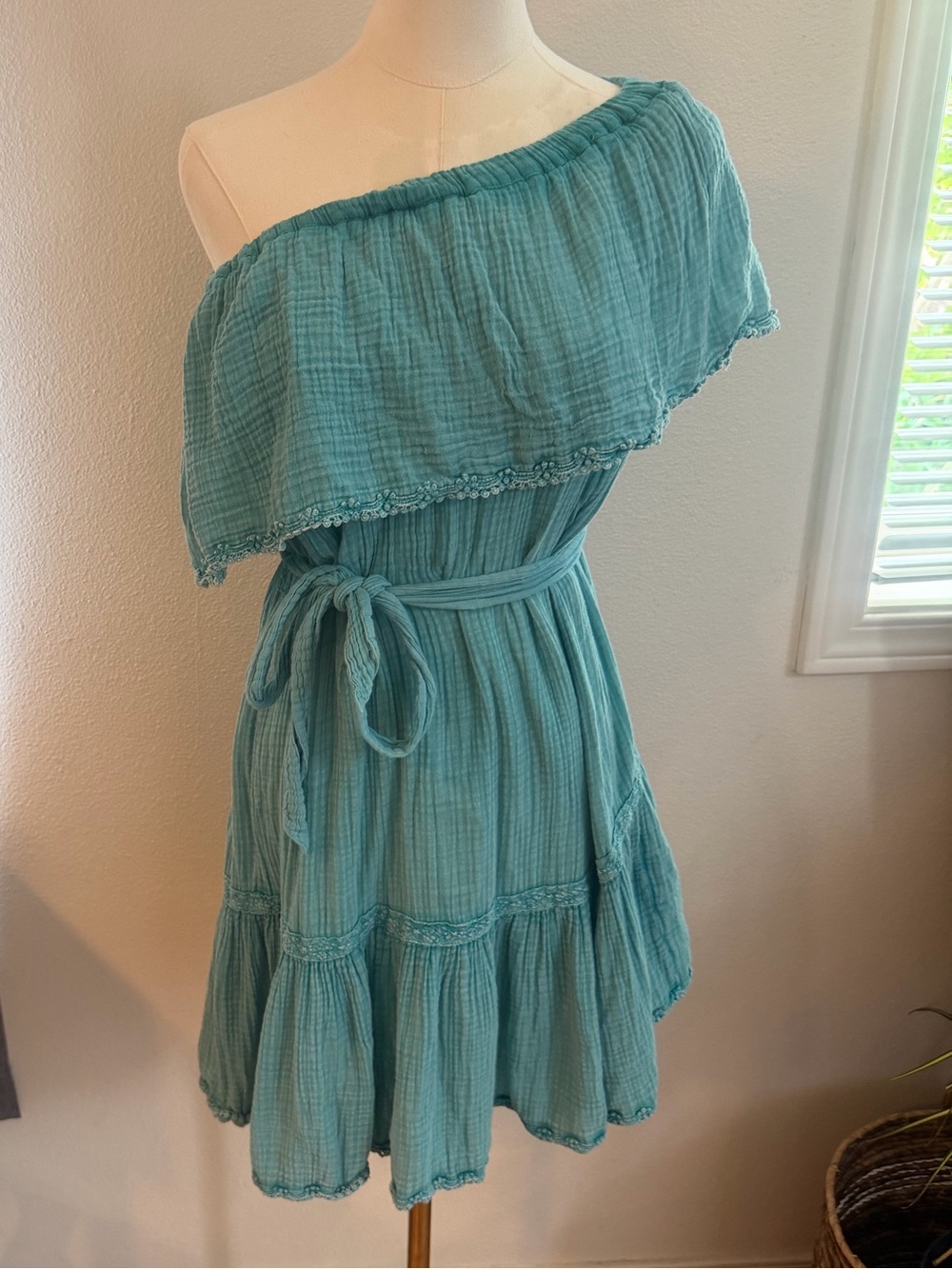 Anthropologie Daily Practice Turquoise Gauze Off Shoulder Mini Dress XS Boho